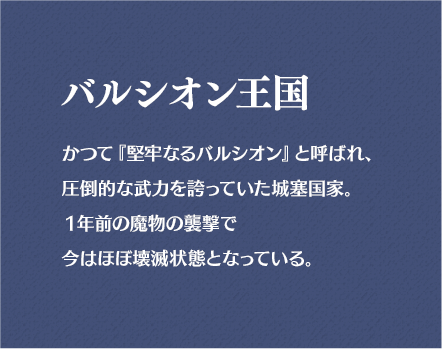 バルシオン王国 かつて『堅牢なるバルシオン』と呼ばれ、圧倒的な武力を誇っていた城塞国家。1年前の魔物の襲撃で今はほぼ壊滅状態となっている。